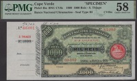 Banco Nacional Ultramarino, Cape Verde, printers archival specimen 1000 Reis, 1 March 1909, serial number range...