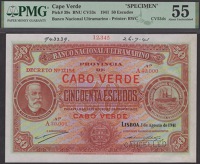 Banco Nacional Ultramarino, Cape Verde, printers archival specimen 50 Escudos (2), 1 August 1941, serial number...