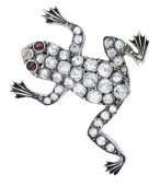 An antique frog brooch, set throughout with circular-cut white pastes and with purple paste eyes, mounted in silver,...