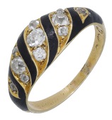 An enamel and diamond memorial ring, circa 1870, the domed tapered band with diagonal stripes of black enamel and...