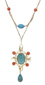 An early 20th century coral and turquoise necklace, the belcher-link chain spaced with turquoise and Corallium...