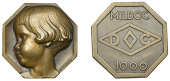 FRANCE, Tête d’Enfant, 1934, an octagonal Art Déco bronze plaque by P. Turin adapted for Mildoc, child’s head...