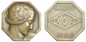 FRANCE, Nymphe, 1932, an octagonal Art Déco bronze plaque by P. Turin adapted for Mildoc, female head right with...