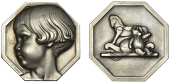 FRANCE, Tête d’Enfant, 1934, an octagonal Art Déco plated bronze plaque by P. Turin, child’s head left, rev....