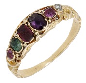 An early 19th century acrostic ‘REGARD’ ring, the graduated vari-cut rubies, emerald, garnet, amethyst and...