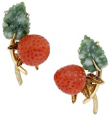 A pair of hardstone ear clips, realistically modelled as wild strawberries set with carved Corallium rubrum fruit...