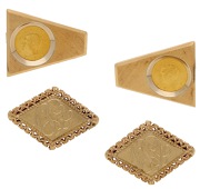 Two pairs of cufflinks, the first of trapezium outline and inset with an Iranian 1/4 Pahlavi, Iranian assay marks,...