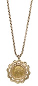 A sovereign pendant on chain, the Victoria sovereign, 1885, set within a ropetwist and zig-zag surround, further...