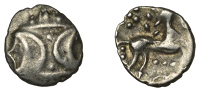 British Iron Age, ICENI, Antedios, silver Unit, double crescent emblem on vertical wreath, rev. horse right, triad...