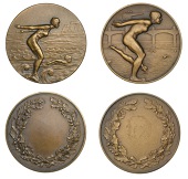 ENGLAND, Swimming, c. 1930, bronze award medals by J. Pinches (2), one unsigned, female swimmer preparing to dive...