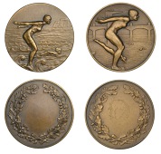 ENGLAND, Swimming, c. 1930, bronze award medals by J. Pinches (2), one unsigned, female swimmer preparing to dive...