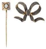 A pearl stickpin and a bow brooch, the stick pin with square-shaped terminal and centred with a half pearl, the...