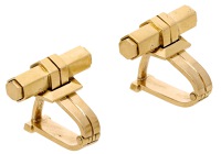 A pair of mid 20th century cufflinks, French, of angular stirrup design, the polished columns with hexagonal cross...