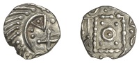 Early Anglo-Saxon Period, Sceatta, Continental series E, variety D, porcupine-like figure with head enclosing pellet...