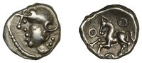 Continental Iron Age, EASTERN GAUL, Aedui, Quinarius, Class I, c. 1st Century BC, helmeted head of Roma left, rev....