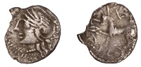 Continental Iron Age, GALLIA BELGICA, Lingones, Quinarius, Kaletedoy type, Class II, c. 80-50, helmeted head of Roma...