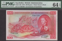 Government of Seychelles, 100 Rupees, 1 August 1973, serial number A/1 067258, Greatbach signature, in PMG holder 64...