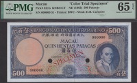 Banco Nacional Ultramarino, Macau, colour trial 500 Patacas, ND (1958), serial number 000000, red SPECIMEN...