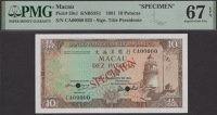 Banco Nacional Ultramarino, Macau, specimen 10 Patacas, 8 August 1981, serial number CA00000, Marques signature, red...