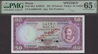 Banco Nacional Ultramarino, Macau, specimen 50 Patacas, 8 August 1981, serial number KA00000, Marques signature, red...