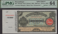 Banco Nacional Ultramarino, Mozambique, specimen 1000 Reis, 2 January 1908, no serial number, ship seal Type I,...