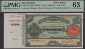 Banco Nacional Ultramarino, Mozambique, printers archival specimen 1000 Reis, 1 March 1909, serial number range...