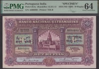 Banco Nacional Ultramarino, Portuguese India, specimen 10 Rupias, 1 January 1924, serial number A000000, Henrique...