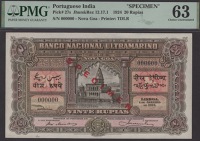 Banco Nacional Ultramarino, Portuguese India, specimen 20 Rupias, 1 January 1924, serial number 000000, Henrique...