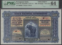 Banco Nacional Ultramarino, Portuguese India, specimen 50 Rupias, 11 January 1938, serial number 000000, Artur...