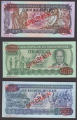 Banco Popular de Mocambique, specimens for the 1989 issue comprising 100, 500, 1000 (2) and 5000 (2) Meticas, 16...