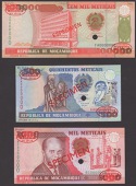 Republica de Mocambique, specimens for 500, 1000, 5000 and 10000 Meticias, 16 June 1991, and 50000 and 100000...