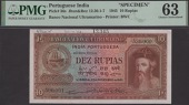 Banco Nacional Ultramarino, Portuguese India, printers archival specimen 10 Rupias, 29 November 1945, serial number...