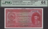 Banco Nacional Ultramarino, Portuguese India, printers archival specimen 50 Rupias, 29 November 1945, serial number...