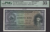 Banco Nacional Ultramarino, Portuguese India, printers archival specimen 500 Rupias, 29 November 1945, serial number...