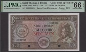 Banco Nacional Ultramarino, St Thomas & Prince, colour trial 100 Escudos, ND (1958), serial number B000000, red...