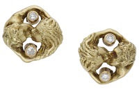 A pair of 18ct gold and diamond ‘Kissing Couple’ ear studs by Sarah Jones, 1995, each modelled as two heads,...