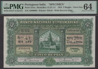 Banco Nacional Ultramarino, Portuguese India, specimen 5 Rupias, 1 January 1924, serial number A000000, Henrique...