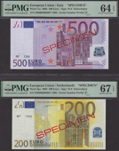European Central Bank, a remarkable, complete set of specimens from the 2002 series, comprising 5, 10, 20, 50, 100,...