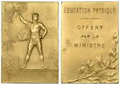 FRANCE, Olympic Games, Paris, 1900, a gilt-bronze plaque by F.-C.-V. de Vernon, male athlete on podium, holding...