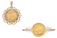 Two coin jewels, the George V half sovereign and Edward VII sovereign collet-set to a 9ct pendant and bar brooch...