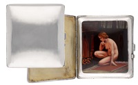 A silver cigarette case, enclosing concealed erotic scene, the plain cover opening to reveal an interior scene with...