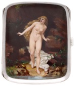 A silver cigarette case, of rectangular form with rounded corners, the front enamelled with a naked woman with long...