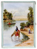 A silver and enamel cigarette case, of rectangular form, the cover depicting a scene of the Nile, with camel and...