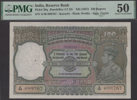 Reserve Bank of India, 100 Rupees, Karachi, ND (1937), serial number A/46 699787, Taylor signature, spindle holes,...