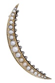 A pearl and diamond crescent brooch, circa 1890, the graduated row of half pearls with rose-cut diamond highlights,...