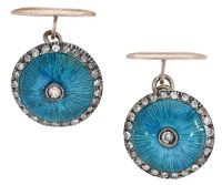 A pair of enamel and diamond cufflinks, of single-sided target design, set with brilliant-cut diamonds and turquoise...