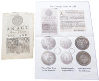 Scobell, H., An Act Touching the Moneys and Coyns of England, London, 1649, 3pp; together with a relating colour...