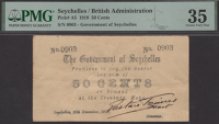 Government of Seychelles, 50 Cents, 10 November 1919, serial number 0903, manuscript Fiennes signature, minor stains...