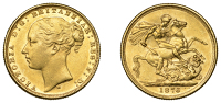Australia, Victoria, Sovereign, 1876m, St. George rev., Melbourne (Hill 98; S 3857). Lustrous in peripheries, almost...