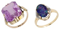 Two gem-set rings, comprising an opal triplet and diamond ring and a synthetic pink gemstone ring, stamped...